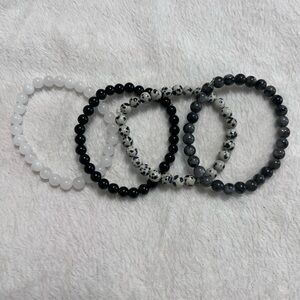 Lot of Four Handmade White & Black Natural Gemstone Beaded Bracelets, Size 7”